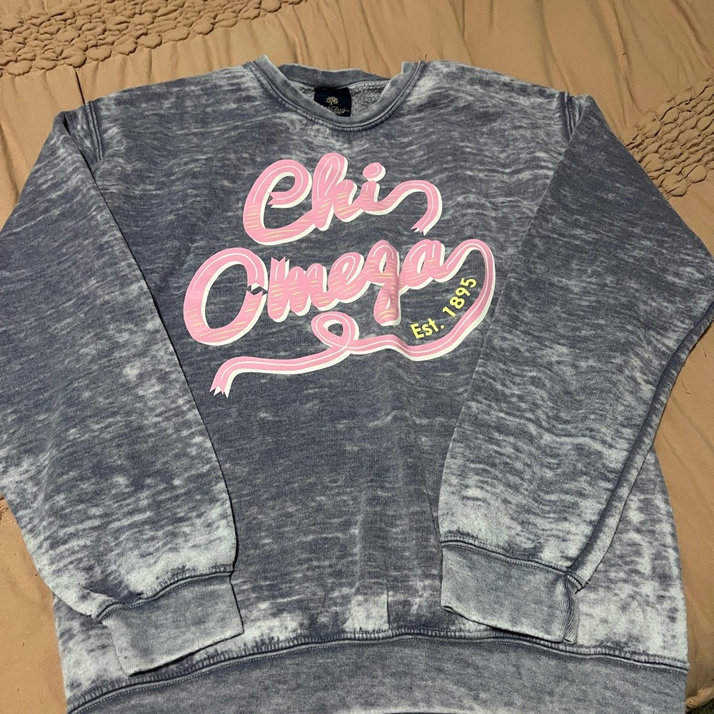 Chi Omega Women's Blue and Pink Crew Neck Sweater